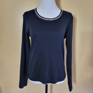 Chicos Pullover Sweater Size 0 Embellished Jeweled Round Neck Black Long Sleeve